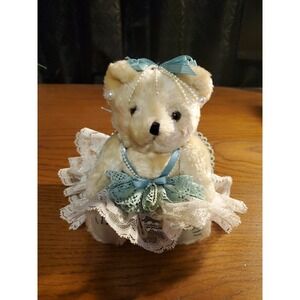 Vintage 8" Jointed Lt Brown Beige Teddy Bear in Ivory Lace Teal Ribbon W/ Pearls